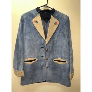 Vtg 1980s Blue Suede Trachten Jacket Floral Embroidery Linen Trim EU 38 - US 6/8